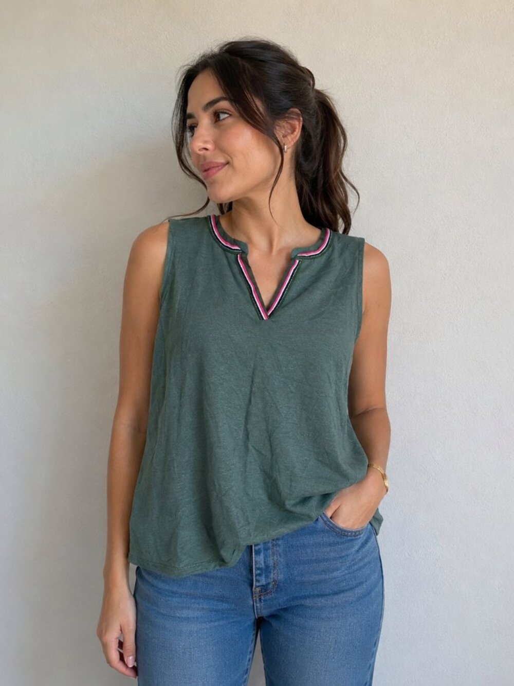 St. Johns Bay Sleeveless Green Top With Multicolor Trim Neckline 100% Cotton Wom